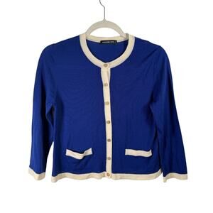 Samantha Sung Blue Cream Cardigan Crop Sweater 100% Wool Preppy Womens Medium
